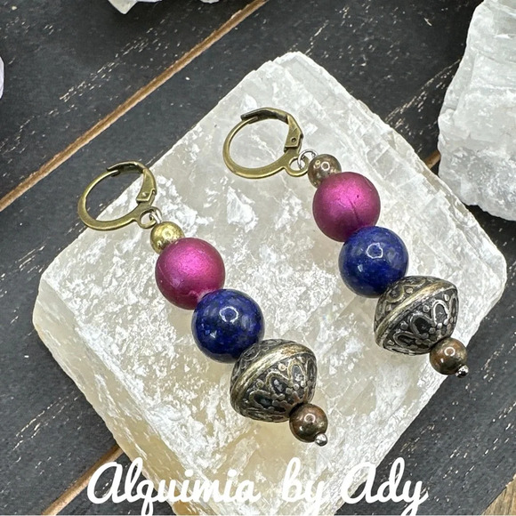 Big rustic vintage Lapis lazuli spheres dangle earrings - Picture 1 of 1